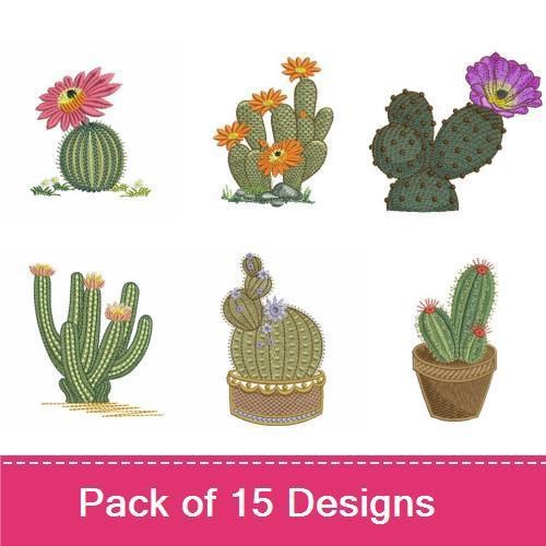 Cactus Embroidery Designs Bundle – Cactus with Orange Flowers, Cactus with Pink Flowers, Potted Cactus & More (15 Designs)