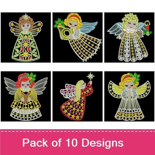 FSL Vintage Christmas Angels Embroidery Designs Bundle – Angel with Ornament, Angel with Star, Angel with Gift & More (10 Designs)