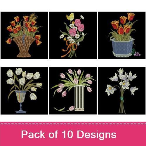Floral Arrangement Embroidery Bundle – Tulip Basket, Tulip Bouquet, Tulips in Glass & More (10 Designs)