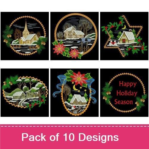 Winter Holiday Scenes Embroidery Designs Bundle – Winter Church Scene, Snowy Cottage, Holiday Wreath & More (10 Designs)