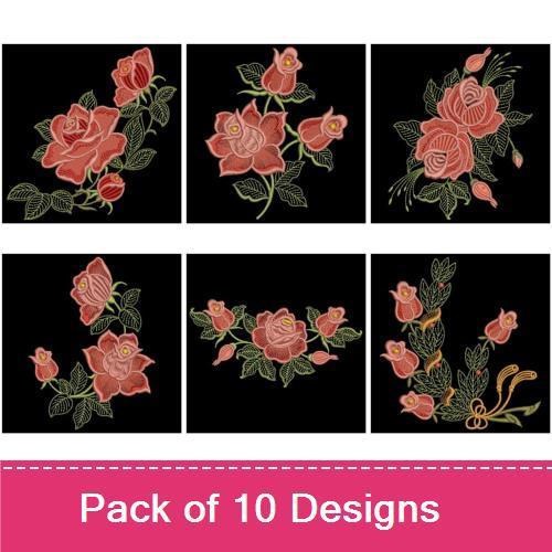 Elegant Roses Embroidery Designs Bundle – Rose Bouquet, Single Red Rose, Pink Rose with Leaves & More (10 Designs)