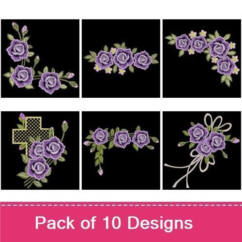 Purple Rose Floral Embroidery Designs Bundle – Bouquet, Roses with Leaves, Floral Cross & More (10 Designs)