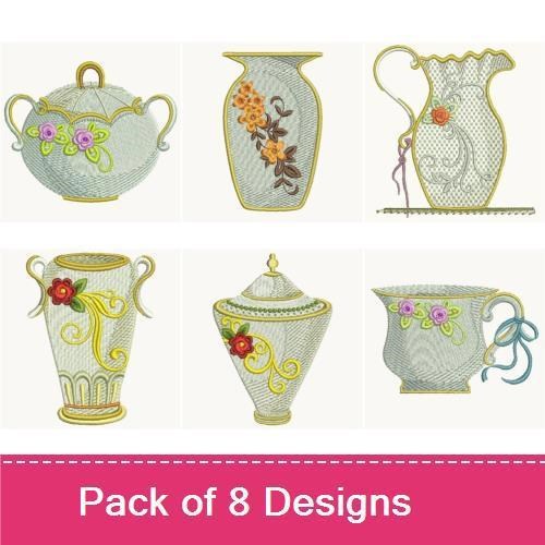 Vintage Vases Embroidery Designs Bundle – Elegant Vase with Flowers, Ornate Floral Vase, Decorative Vase with Handles & More (8 Designs)