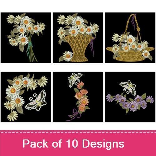 Floral Embroidery Designs Bundle – Daisy Bouquet, Daisy Basket, Butterfly with Daisies & More (10 Designs)