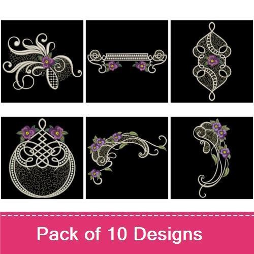 FSL Elegant Floral Embroidery Bundle – Floral Swirl with Purple Flowers, Decorative Floral Corner, Ornamental Floral Frame & More (10 Designs)