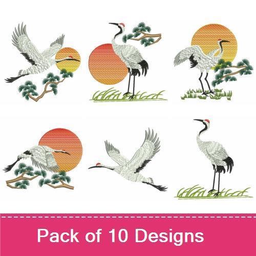 Elegant Cranes Embroidery Bundle – Flying Crane with Sunset, Crane on Pine Branch, Standing Crane & More (10 Designs)