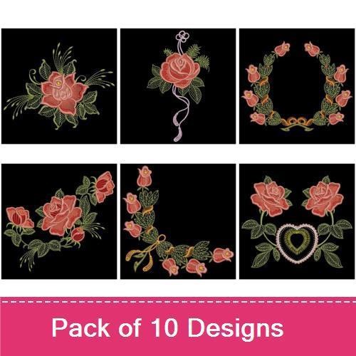 Elegant Rose Embroidery Designs Bundle – Single Rose, Bunch of Roses, Rose Wreath & More (10 Designs)