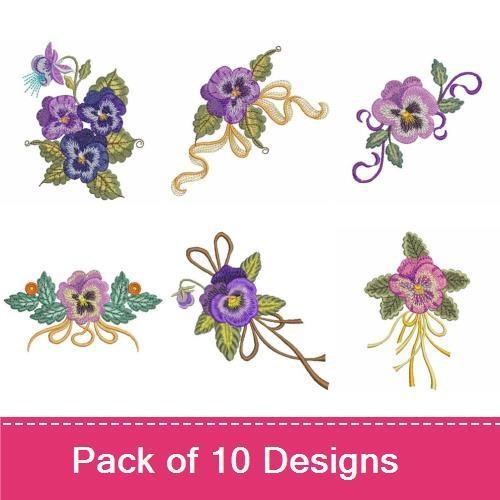 Floral Pansy Embroidery Bundle – Pansy Bouquet, Single Pansy Flower, Pansy with Leaves & More (10 Designs)