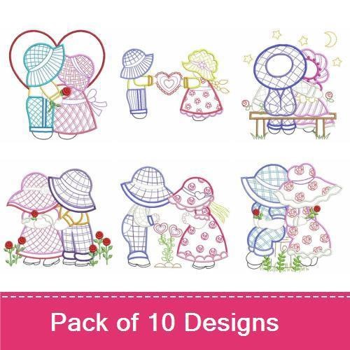 Redwork Sunbonnet Kids Embroidery Bundle – Holding Hearts, Girl with Rose, Boy with Balloon & More (10 Designs)