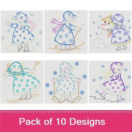 Redwork Winter Fun Embroidery Designs Bundle – Girl with Snowball, Snowman with Scarf, Skiing Girl & More (10 Designs)