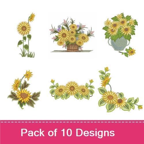 Sunflower Garden Embroidery Bundle – Sunflower Bouquet, Single Sunflower, Sunflower in Pot & More (10 Designs)