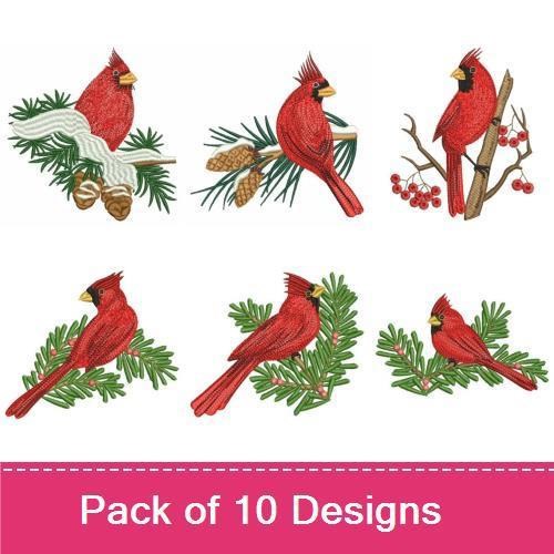 Northern Cardinal Embroidery Designs Bundle – Northern Cardinal on Pine, Singing Northern Cardinal, Cardinal in Snow & More (10 Designs)