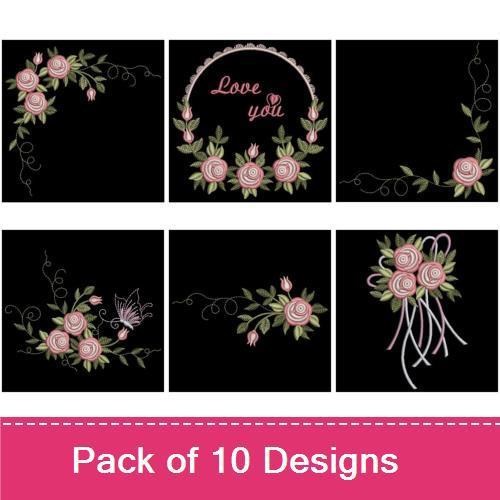 Roses Embroidery Designs Bundle – Love You with Roses, Roses Corner Design, Rose Bouquet & More (10 Designs)