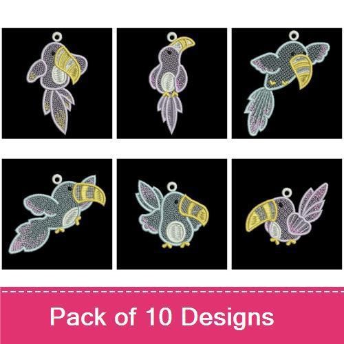 FSL Toucan Embroidery Designs Bundle – Toucan Ornament, Toucan with Leaves, Toucan in Flight & More (10 Designs)