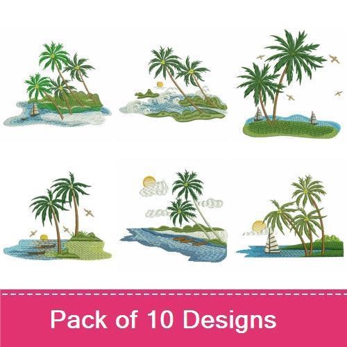 Tropical Island Palm Trees Embroidery Designs Bundle – Palm Tree Cluster, Single Palm Tree, Sunset & More (10 Designs)