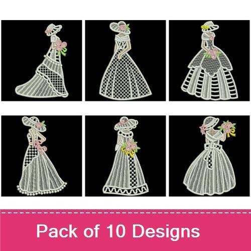 FSL Elegant Vintage Ladies Embroidery Designs Bundle – Lady with Hat, Floral Detail, Pink Dress & More (10 Designs)
