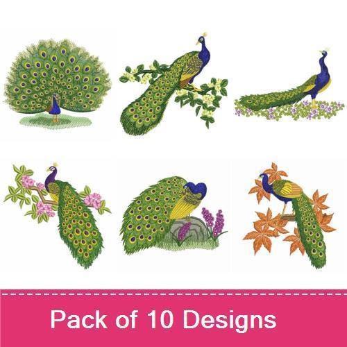 Peacock Embroidery Bundle – Peacock Display, Peacock with Flowers, Peacock on a Branch & More (10 Designs)
