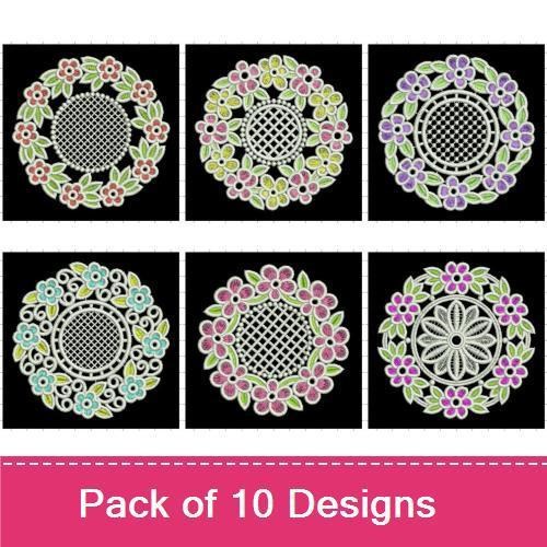 FSL Floral Lace Wreath Embroidery Bundle – Blue, Pink, Green, Purple Flowers & More (10 Designs)