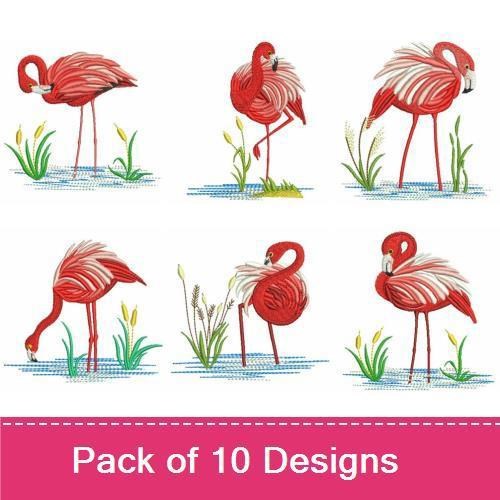 Elegant Flamingos Embroidery Designs Bundle – Flamingo Standing by Water, Flamingo with Grass, & More (10 Designs)