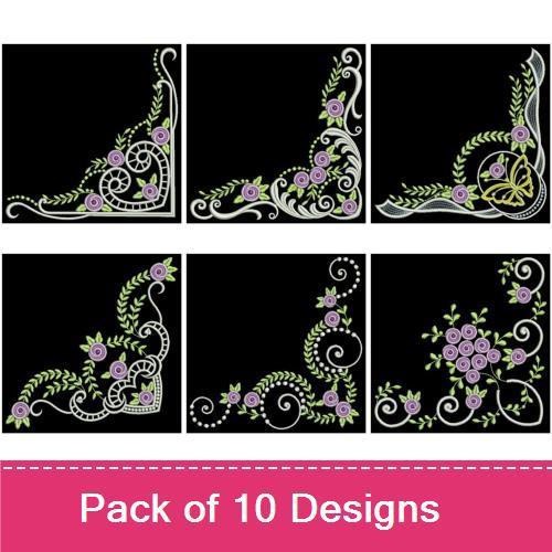 Floral Embroidery Bundle – Elegant Purple Rose Corner 1, Elegant Purple Rose Corner 2 & More (10 Designs)