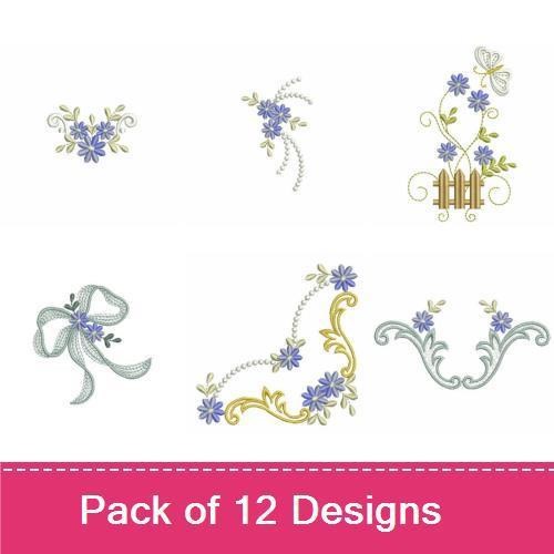 Floral Swirls Embroidery Designs Bundle – Blue Floral Swirl, Ornamental Blue Floral, Intricate Blue Blossom & More (12 Designs)