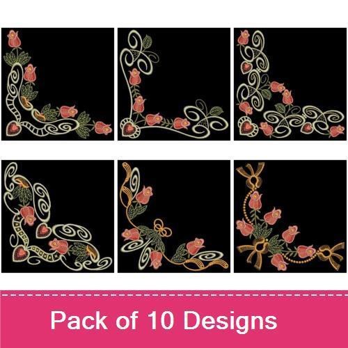 Elegant Rose Corner Embroidery Designs Bundle – Rose Corner with Swirls, Floral Corner with Roses, & More (10 Designs)