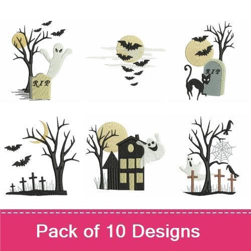 Spooky Halloween Embroidery Designs Bundle – Haunted House, Ghost, Witch on Broomstick, Pumpkin & More (10 Designs)