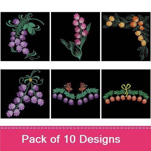 Floral Corner & Garland Embroidery Bundle – Orange & Purple Flowers, Green Leaves & More (10 Designs)