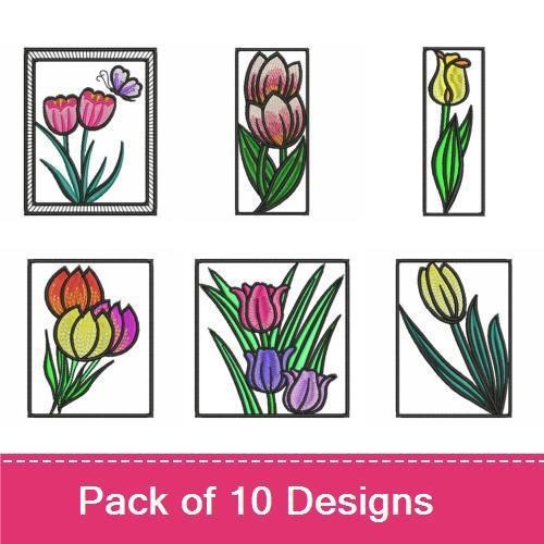 Colorful Tulips Embroidery Designs Bundle – Tulip Bouquet, Yellow Tulip, Purple Tulip & More (10 Designs)