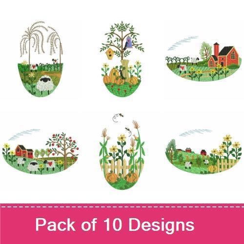 Farmyard Scenes Embroidery Designs Bundle – Red Barn, Gardening Woman, Chicken Coop & More (10 Designs)