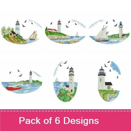 Coastal Lighthouses & Seascapes Embroidery Designs Bundle – Lighthouse by the Sea, Sailboat in Ocean, & More (6 Designs)