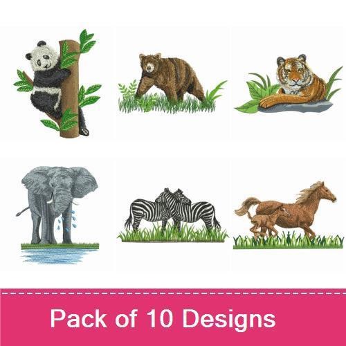 Wild Safari Animals Embroidery Bundle – Elephant, Panda Bear, Brown Bear & More (10 Designs)