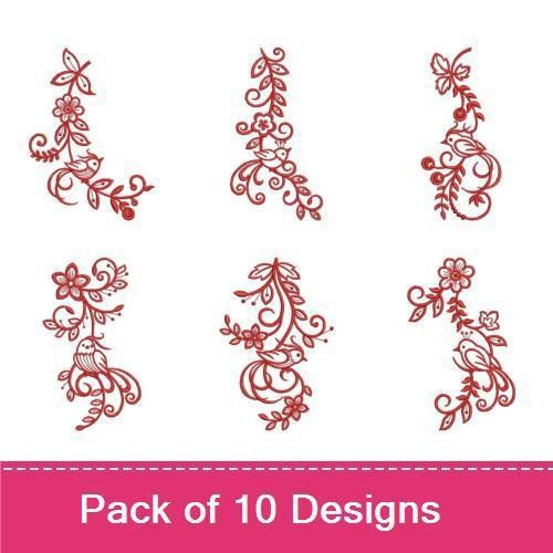 Redwork Bird and Floral Embroidery Designs Bundle – Bird with Flowers, Floral Vine with Bird, & More (10 Designs)