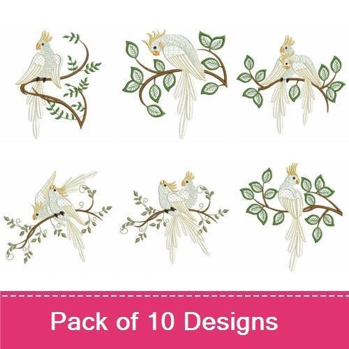 Elegant Cockatoos Embroidery Designs Bundle – Cockatoo on Branch with Leaves, Cockatoo Pair on Branch & More (10 Designs)