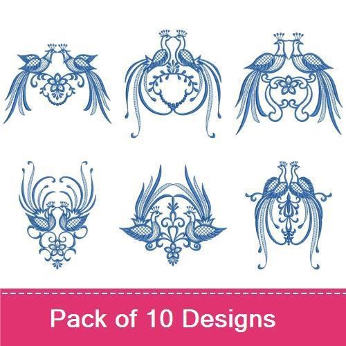 Redwork Elegant Blue Peacock Embroidery Bundle – Peacock Pair, Ornate Peacock Design, Floral Peacock Ornament & More (10 Designs)