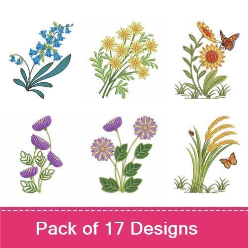 Floral Embroidery Designs Bundle – Sunflower Bouquet, Bluebell Cluster, Wildflower Arrangement & More (17 Designs)
