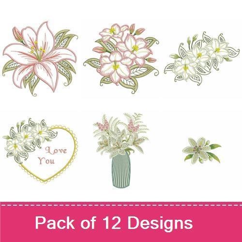 Lily Floral Arrangements Embroidery Designs Bundle – Elegant Lily Arrangement, White Lily Bouquet & More (12 Designs)