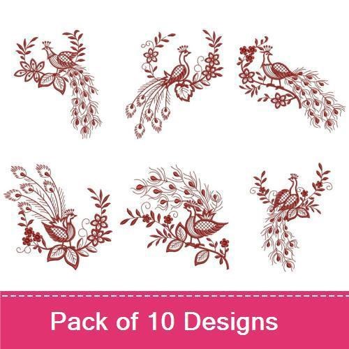 Redwork Elegant Peacock Embroidery Bundle – Peacock with Leaves, Peacock with Flowers, & More (10 Designs)