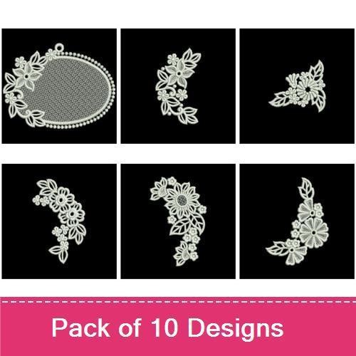 FSL Elegant Floral Lace Frames Embroidery Bundle – Lace Frame with Floral Accents, Floral Lace Frame with Pearls & More (10 Designs)