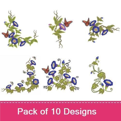 Floral Embroidery Designs Bundle – Morning Glory Wreath with Butterflies, Morning Glory Bouquet & More (10 Designs)