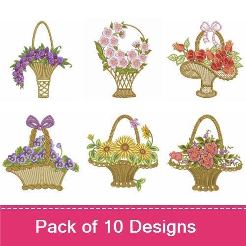 Floral Basket Embroidery Designs Bundle – Sunflower Basket, Mixed Flower Basket, Pink Blossom Basket & More (10 Designs)