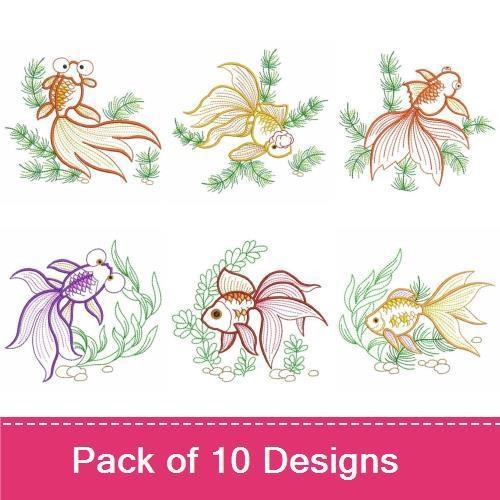 Rippled Colorful Goldfish Embroidery Designs Bundle – Goldfish with Green Plants, Purple Goldfish, Orange Goldfish & More (10 Designs)