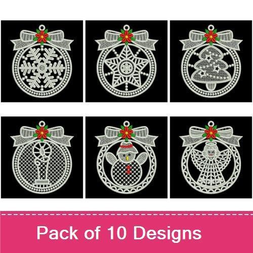 FSL Christmas Lace Ornaments Embroidery Designs Bundle – Star, Bell, Mistletoe & More (10 Designs)