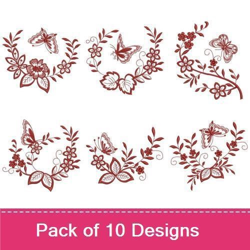 Redwork Elegant Butterfly & Floral Embroidery Designs Bundle – Butterfly with Floral Arrangement, Floral Wreath, & More (10 Designs)