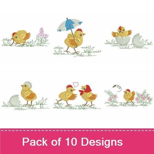 Charming Chicks Embroidery Designs Bundle – Chick with Heart, Chick with Red Scarf & More (10 Designs)