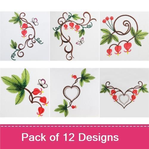Bleeding Heart Floral Embroidery Designs Bundle – Vining Hearts, Butterflies, Floral Arrangements & More (12 Designs)