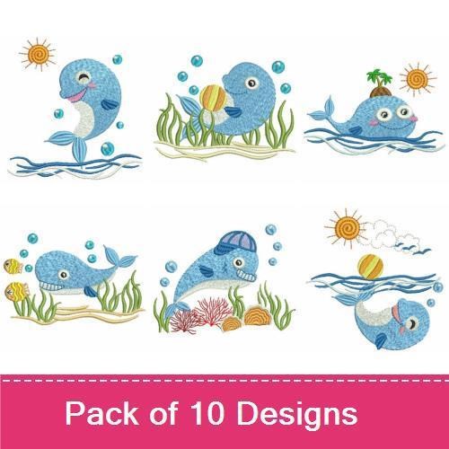 Cute Whales Embroidery Designs Bundle – Whale with Sun, Whale with Hat, Playful Whale & More (10 Designs)