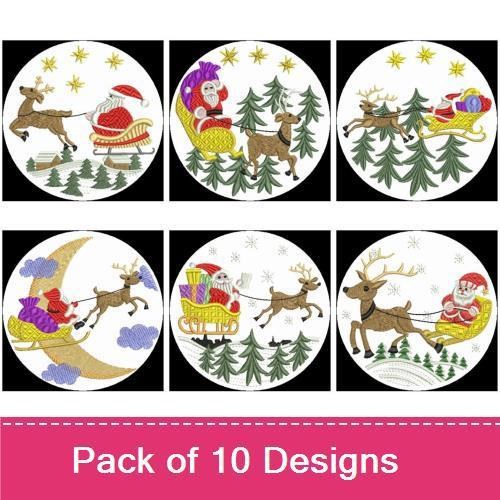 Santa & Reindeer Christmas Embroidery Designs Bundle – Santa in Sleigh, Santa Flying with Gifts, & More (10 Designs)