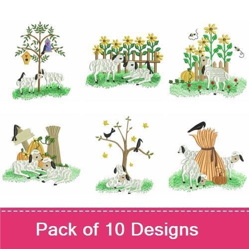 Farmyard Lambs Embroidery Bundle – Lambs in Field, Lamb under Tree, Lamb with Birdhouse & More (10 Designs)