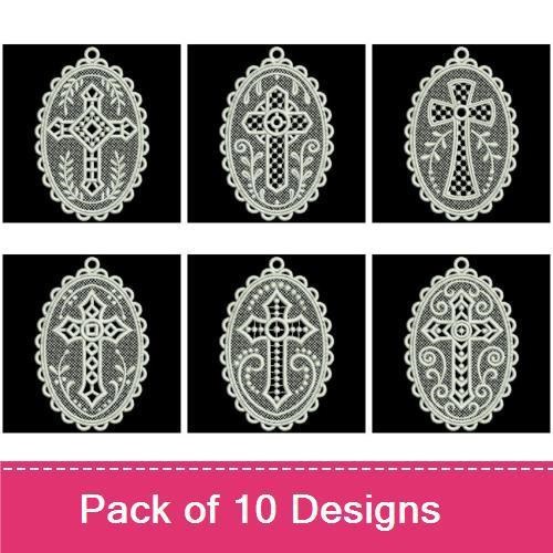 FSL Lace Cross Embroidery Bundle – Cross with Swirls, Cross with Beads, Cross with Floral Edge & More (10 Designs)